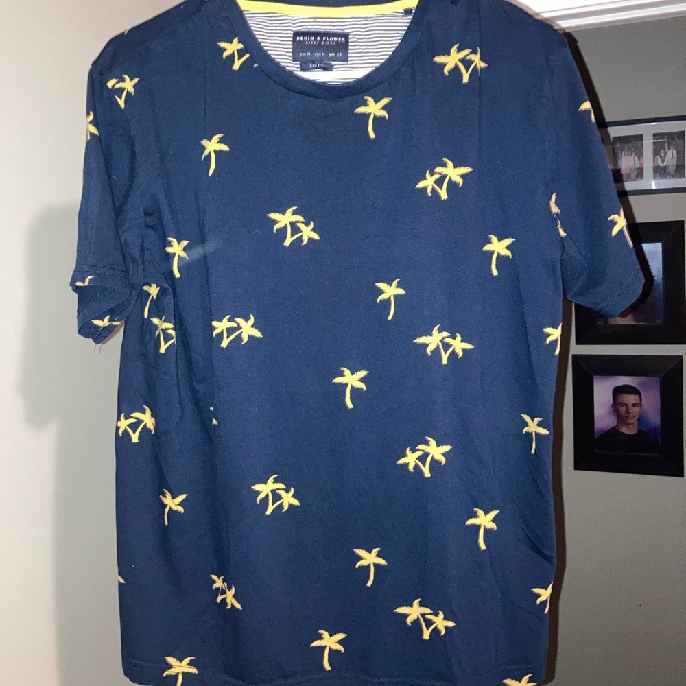 Retro Denim And Flower Mens Medium Slim Fit Palm Tree Shirt